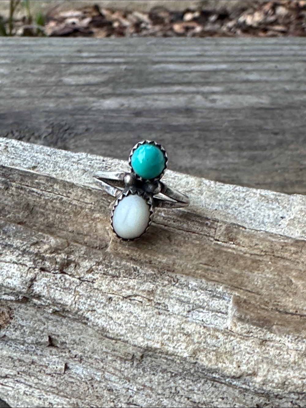 Native American Sterling SIlver Ring with Turquoise and Mother of Pearl